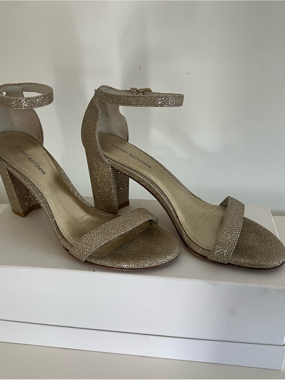 Stuart Weitzman Glitter Ankle-Strap Block Heels in Champagne